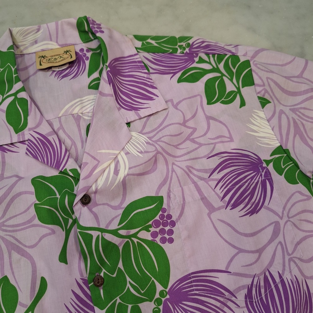 Vtg 90s Hawaiian Fashion F&K Shirt Mens 2XL Purple Green Floral SS Hawaiian Made